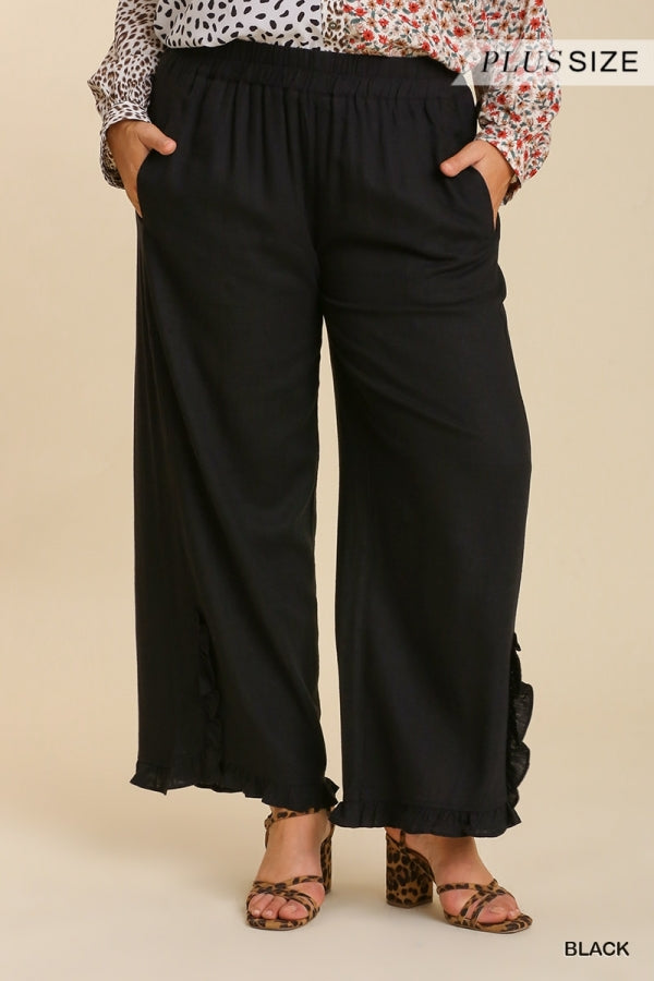 Umgee Black Wide Leg Pant With Ruffled Hem Plus-Curvy/Plus Pants-Umgee-Deja Nu Boutique, Women's Fashion Boutique in Lampasas, Texas