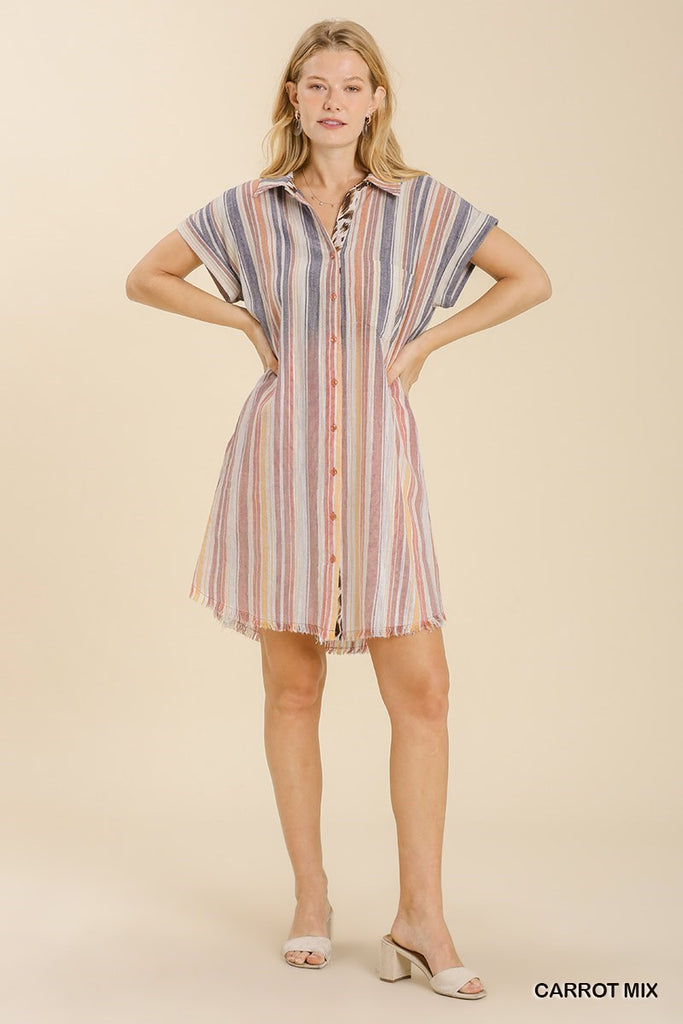 Umgee Bleached Stripe Collared Button Down Dress In Carrot Mix-Dresses-Umgee-Deja Nu Boutique, Women's Fashion Boutique in Lampasas, Texas