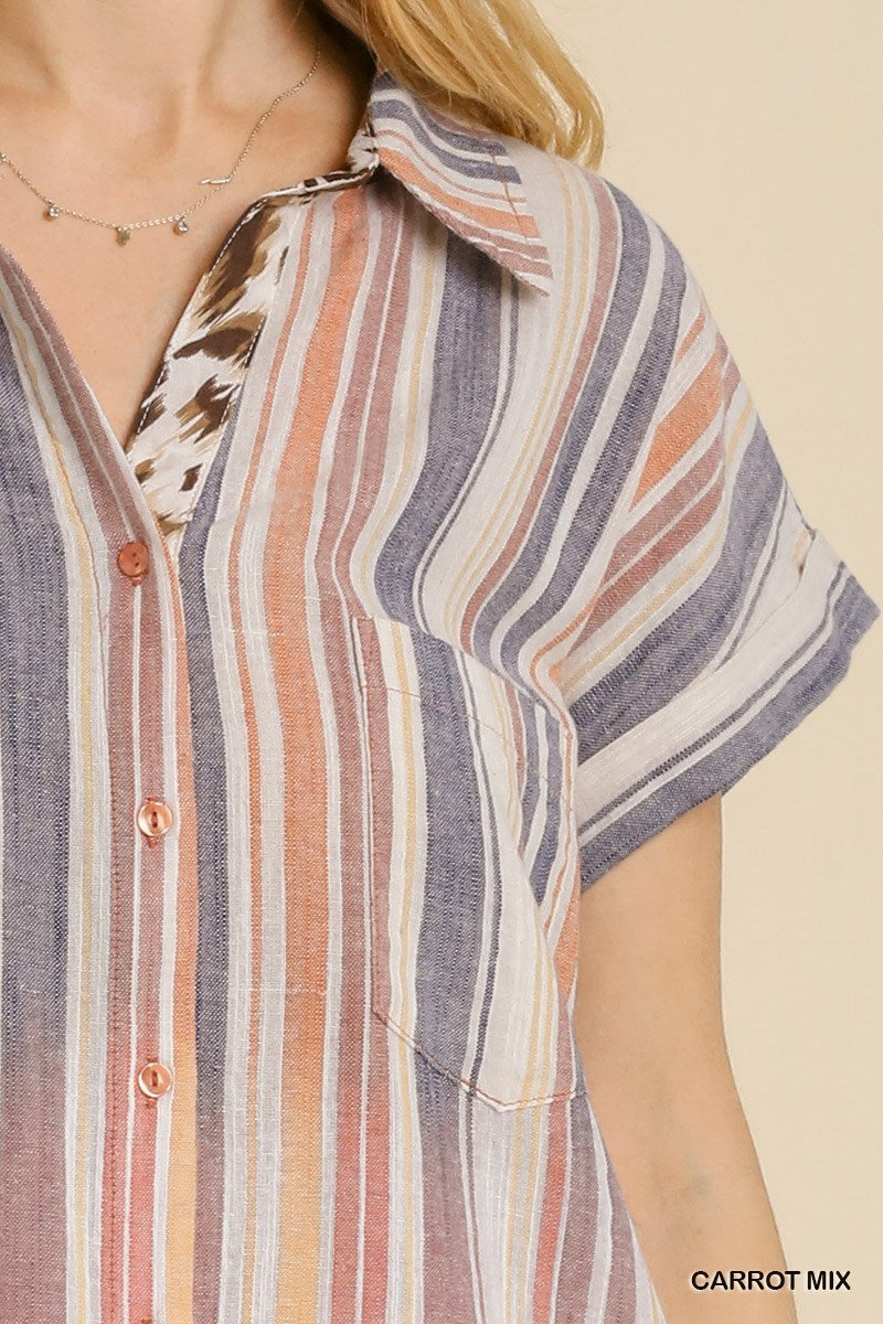 Umgee Bleached Striped Button Down Shirt Dress