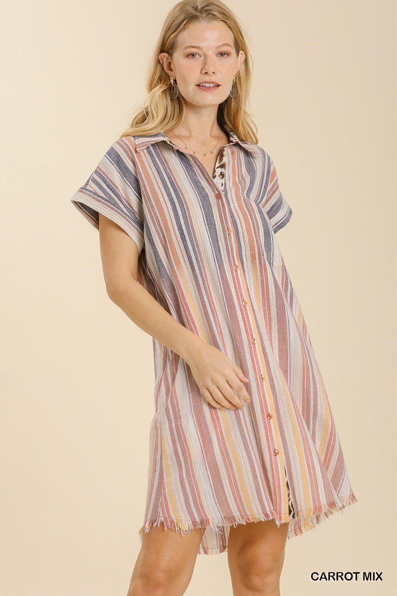 Umgee Bleached Stripe Collared Button Down Dress In Carrot Mix-Dresses-Umgee-Deja Nu Boutique, Women's Fashion Boutique in Lampasas, Texas