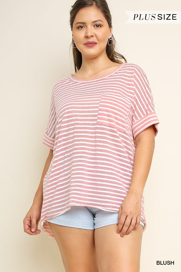 Umgee Blush Basic Stripe Top With Chest Pocket - Plus-Curvy/Plus Tops-Umgee-Deja Nu Boutique, Women's Fashion Boutique in Lampasas, Texas