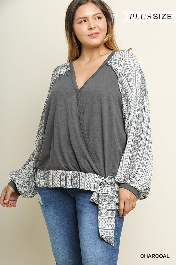 Umgee Charcoal Surplice Printed Puff Sleeves Plus Top-Curvy/Plus Tops-Umgee-Deja Nu Boutique, Women's Fashion Boutique in Lampasas, Texas