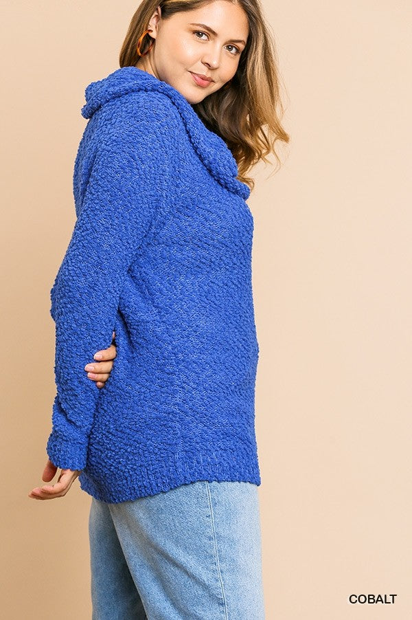 Umgee Cobalt Blue Cowl Neck Plus Nubby Sweater-Curvy/Plus Tops-Umgee-Deja Nu Boutique, Women's Fashion Boutique in Lampasas, Texas
