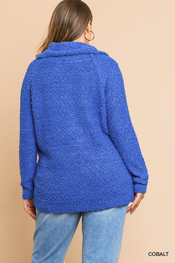 Umgee Cobalt Blue Cowl Neck Plus Nubby Sweater-Curvy/Plus Tops-Umgee-Deja Nu Boutique, Women's Fashion Boutique in Lampasas, Texas