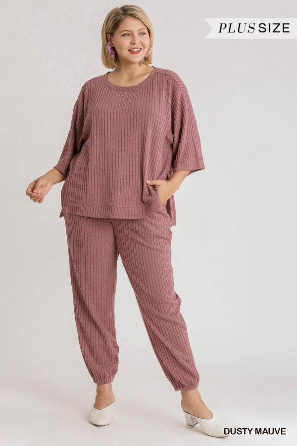 Umgee Dusty Mauve Ribbed Knit High Low Top Plus-Curvy/Plus Tops-Umgee-Deja Nu Boutique, Women's Fashion Boutique in Lampasas, Texas