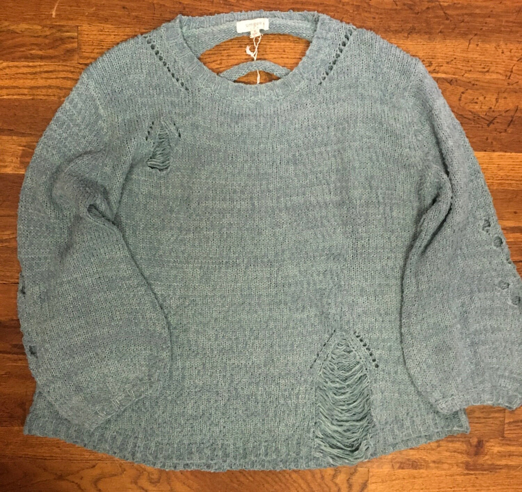 Umgee Dusty Mint Distressed Plus Sweater-Curvy/Plus Tops-Umgee-Deja Nu Boutique, Women's Fashion Boutique in Lampasas, Texas