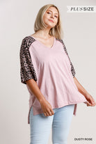 Umgee Dusty Rose Leopard Sleeve High Low Plus Tee-Curvy/Plus Tops-Umgee-Deja Nu Boutique, Women's Fashion Boutique in Lampasas, Texas