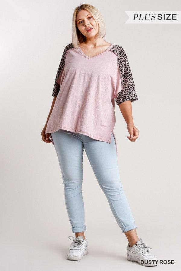 Umgee Dusty Rose Leopard Sleeve High Low Plus Tee-Curvy/Plus Tops-Umgee-Deja Nu Boutique, Women's Fashion Boutique in Lampasas, Texas
