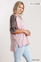 Umgee Dusty Rose Leopard Sleeve High Low Plus Tee-Curvy/Plus Tops-Umgee-Deja Nu Boutique, Women's Fashion Boutique in Lampasas, Texas