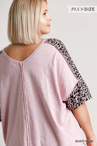 Umgee Dusty Rose Leopard Sleeve High Low Plus Tee-Curvy/Plus Tops-Umgee-Deja Nu Boutique, Women's Fashion Boutique in Lampasas, Texas