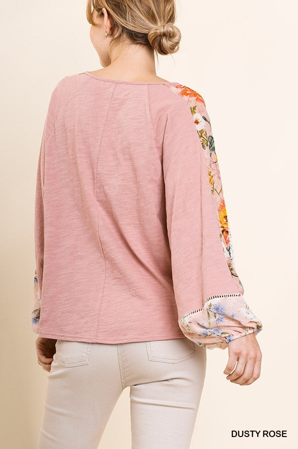Umgee Dusty Rose Sheer Floral Sleeve Top-Tops-Umgee-Deja Nu Boutique, Women's Fashion Boutique in Lampasas, Texas