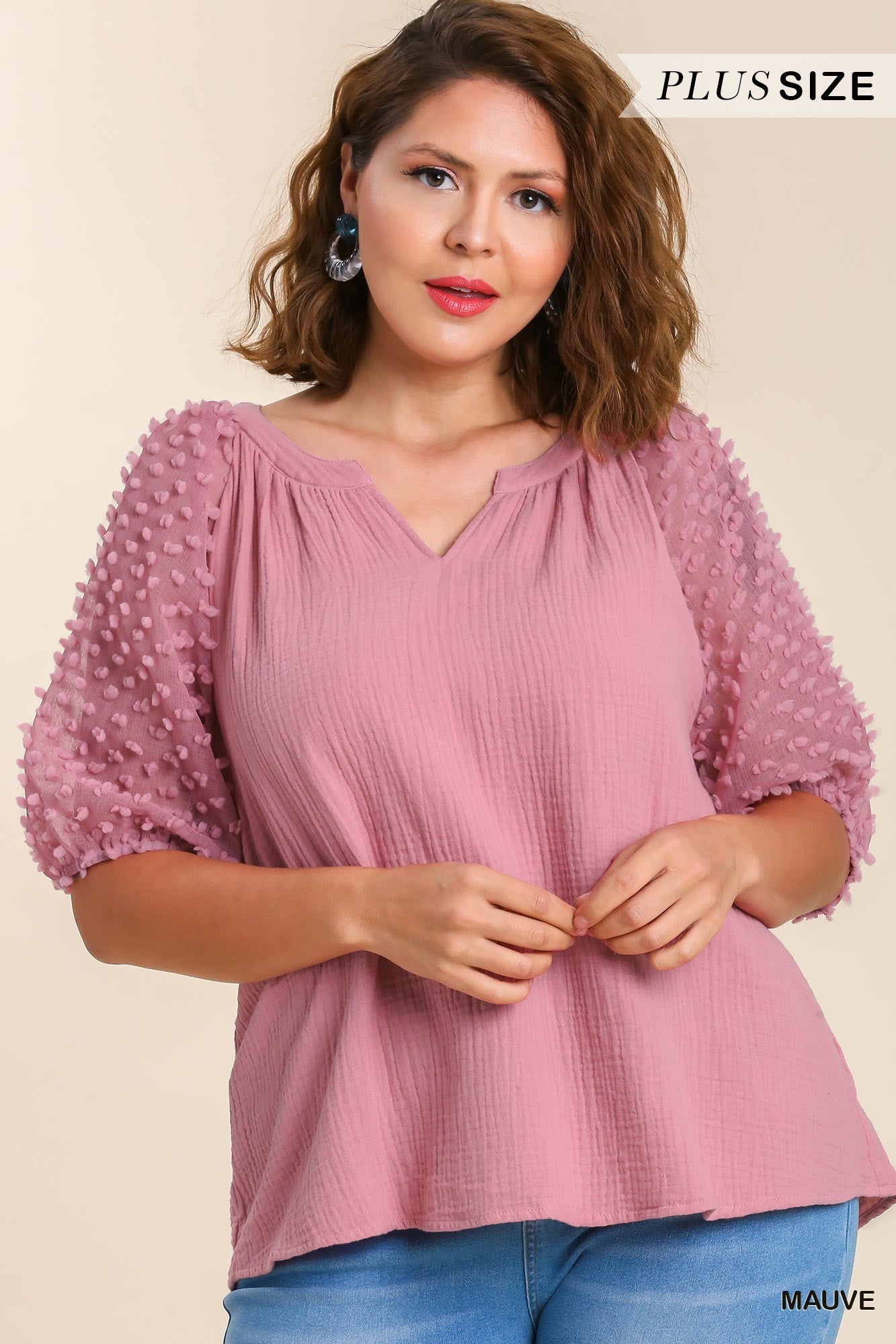 Umgee Floral Applique Detail Cuffed Puff Sleeve In Mauve Plus-Curvy/Plus Blouses-Umgee-Deja Nu Boutique, Women's Fashion Boutique in Lampasas, Texas