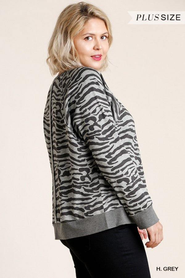 Umgee French Terry Zebra Plus Sweat Shirt-Curvy/Plus Tops-Umgee-Deja Nu Boutique, Women's Fashion Boutique in Lampasas, Texas