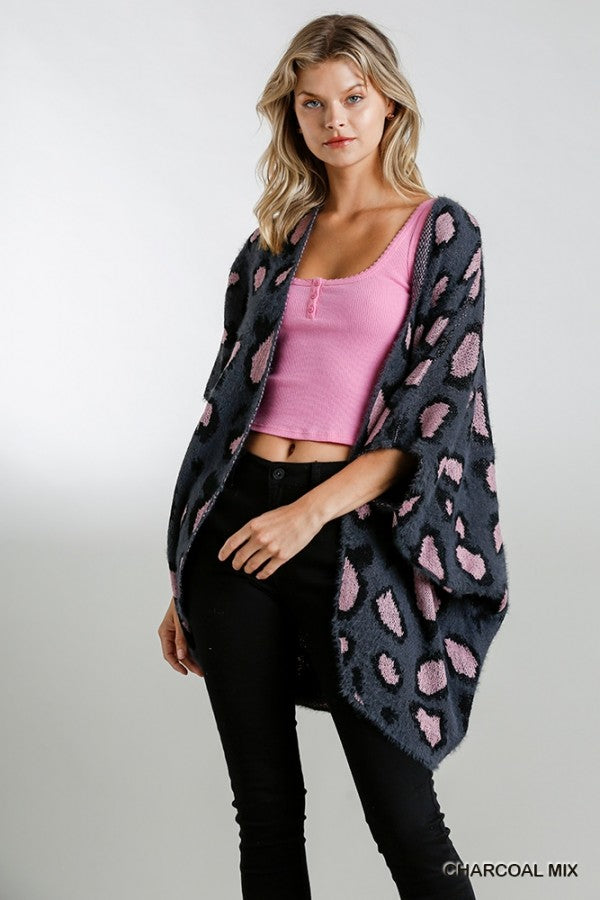 Umgee Grey And Pink Leopard Short Sweater Kimono-Cardigans & Kimonos-Umgee-Deja Nu Boutique, Women's Fashion Boutique in Lampasas, Texas