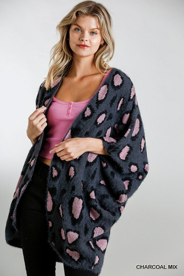 Umgee Grey And Pink Leopard Short Sweater Kimono-Cardigans & Kimonos-Umgee-Deja Nu Boutique, Women's Fashion Boutique in Lampasas, Texas