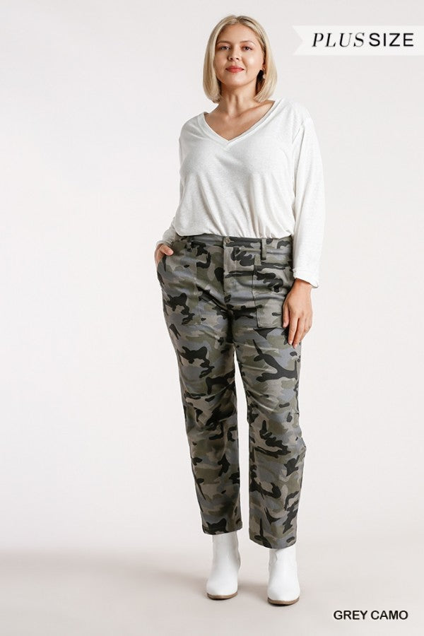 Umgee Grey Camouflage Straight Leg Plus Pant-Curvy/Plus Bottoms-Umgee-Deja Nu Boutique, Women's Fashion Boutique in Lampasas, Texas