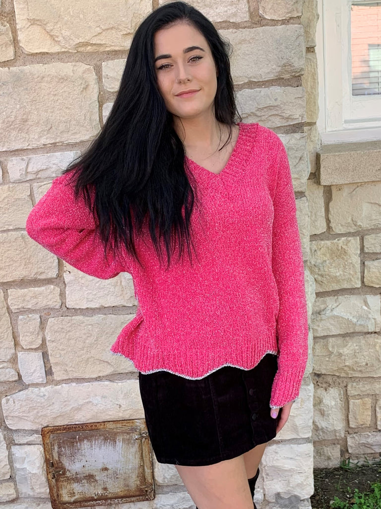 Umgee Hot Pink And Silver Lurex Sparkle Sweater-Sweaters-Umgee-Deja Nu Boutique, Women's Fashion Boutique in Lampasas, Texas