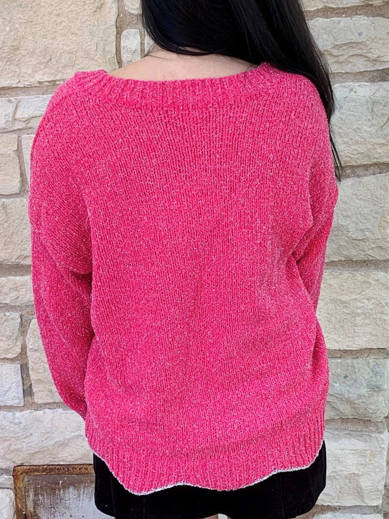 Umgee Hot Pink And Silver Lurex Sparkle Sweater-Sweaters-Umgee-Deja Nu Boutique, Women's Fashion Boutique in Lampasas, Texas