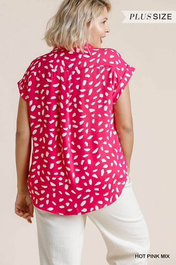 Umgee Hot Pink Dalmatian Print Button Front Blouse - Plus-Curvy/Plus Tops-Umgee-Deja Nu Boutique, Women's Fashion Boutique in Lampasas, Texas