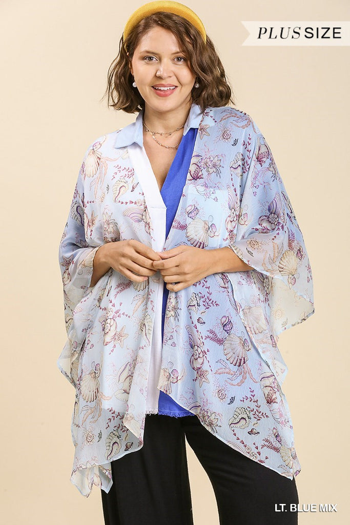 Umgee Light Blue Sheer Mixed Print Kimono With Side Slit Plus-Curvy/Plus Outerwear-Umgee-Deja Nu Boutique, Women's Fashion Boutique in Lampasas, Texas