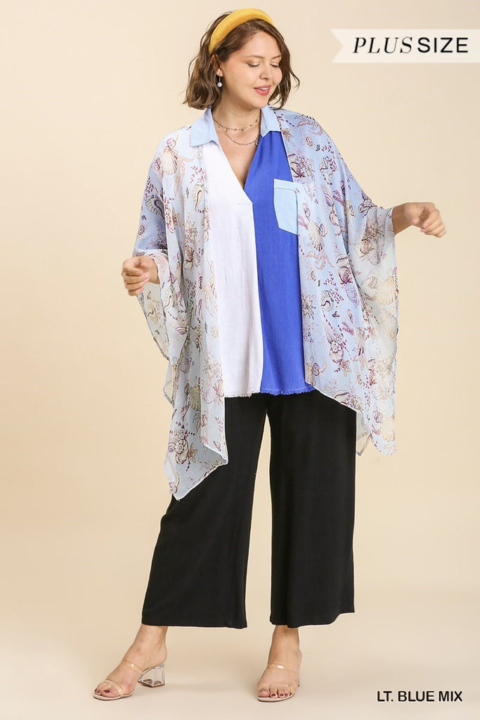 Umgee Light Blue Sheer Mixed Print Kimono With Side Slit Plus-Curvy/Plus Outerwear-Umgee-Deja Nu Boutique, Women's Fashion Boutique in Lampasas, Texas