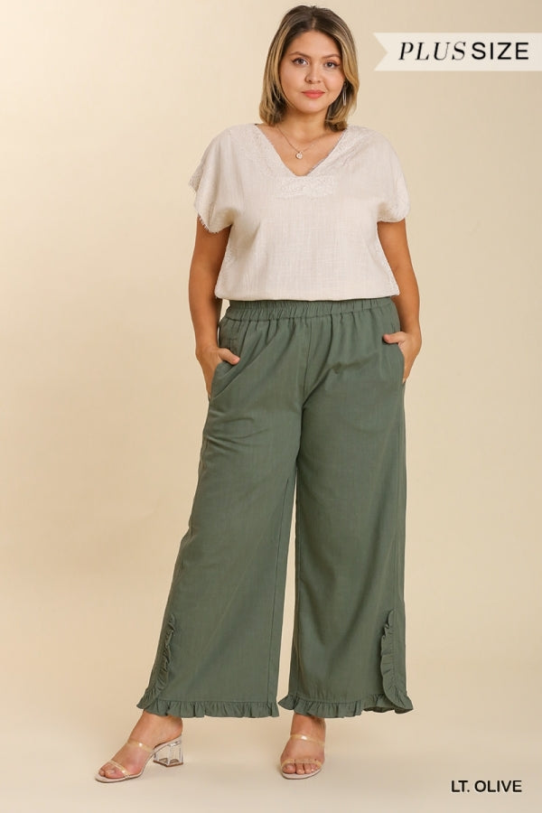 Umgee Light Olive Wide Leg Pant With Ruffled Hem Plus-Curvy/Plus Pants-Umgee-Deja Nu Boutique, Women's Fashion Boutique in Lampasas, Texas