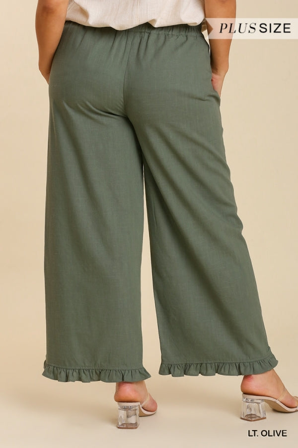 Umgee Light Olive Wide Leg Pant With Ruffled Hem Plus-Curvy/Plus Pants-Umgee-Deja Nu Boutique, Women's Fashion Boutique in Lampasas, Texas