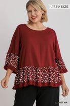 Umgee Linen Blend Animal Print Bell Sleeve Top With Ruffled And Frayed Hem In A Garnet Mix Plus-Curvy/Plus Tops-Umgee-Deja Nu Boutique, Women's Fashion Boutique in Lampasas, Texas