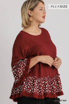 Umgee Linen Blend Animal Print Bell Sleeve Top With Ruffled And Frayed Hem In A Garnet Mix Plus-Curvy/Plus Tops-Umgee-Deja Nu Boutique, Women's Fashion Boutique in Lampasas, Texas