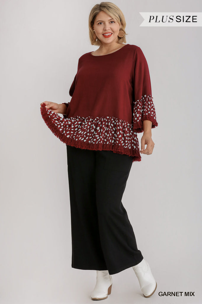 Umgee Linen Blend Animal Print Bell Sleeve Top With Ruffled And Frayed Hem In A Garnet Mix Plus-Curvy/Plus Tops-Umgee-Deja Nu Boutique, Women's Fashion Boutique in Lampasas, Texas