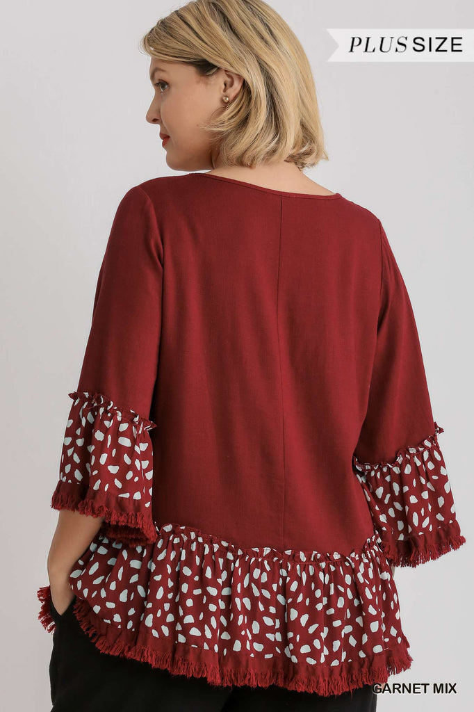 Umgee Linen Blend Animal Print Bell Sleeve Top With Ruffled And Frayed Hem In A Garnet Mix Plus-Curvy/Plus Tops-Umgee-Deja Nu Boutique, Women's Fashion Boutique in Lampasas, Texas
