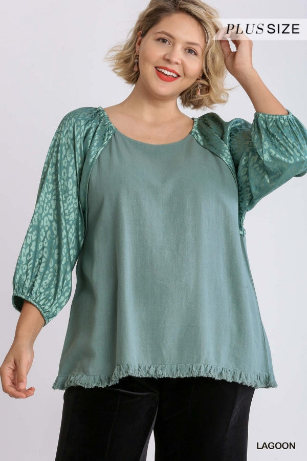 Umgee Linen Blend Animal Print Jacquard Dolman Cinched Cuff Sleeves In Lagoon Plus-Curvy/Plus Tops-Umgee-Deja Nu Boutique, Women's Fashion Boutique in Lampasas, Texas