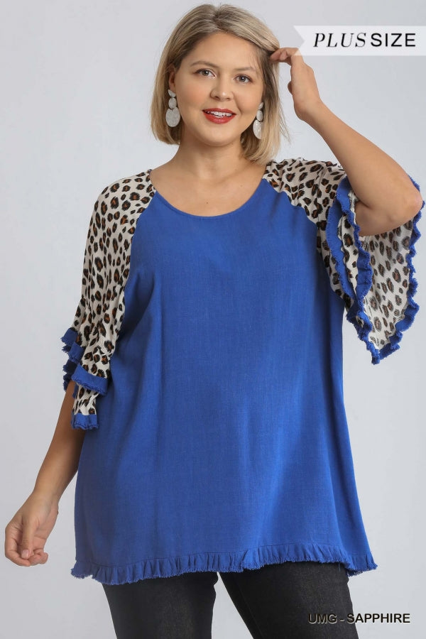 Umgee Linen Blend Animal Print Layered Bell Sleeve In Sapphire Plus-Curvy/Plus Tops-Umgee-Deja Nu Boutique, Women's Fashion Boutique in Lampasas, Texas
