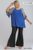 Umgee Linen Blend Animal Print Layered Bell Sleeve In Sapphire Plus-Curvy/Plus Tops-Umgee-Deja Nu Boutique, Women's Fashion Boutique in Lampasas, Texas