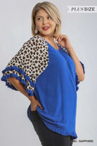 Umgee Linen Blend Animal Print Layered Bell Sleeve In Sapphire Plus-Curvy/Plus Tops-Umgee-Deja Nu Boutique, Women's Fashion Boutique in Lampasas, Texas