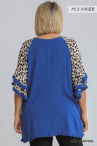 Umgee Linen Blend Animal Print Layered Bell Sleeve In Sapphire Plus-Curvy/Plus Tops-Umgee-Deja Nu Boutique, Women's Fashion Boutique in Lampasas, Texas