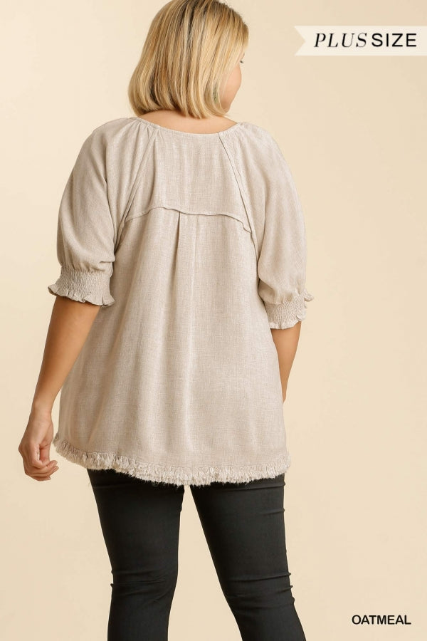 Umgee Linen Blend Balloon Sleeve Top Oatmeal Plus-Curvy/Plus Tops-Umgee-Deja Nu Boutique, Women's Fashion Boutique in Lampasas, Texas