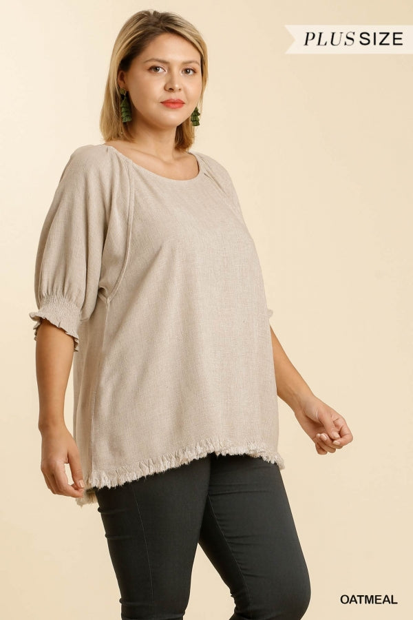 Umgee Linen Blend Balloon Sleeve Top Oatmeal Plus-Curvy/Plus Tops-Umgee-Deja Nu Boutique, Women's Fashion Boutique in Lampasas, Texas