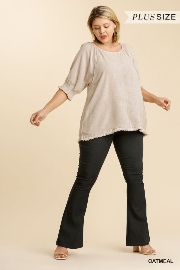 Umgee Linen Blend Balloon Sleeve Top Oatmeal Plus-Curvy/Plus Tops-Umgee-Deja Nu Boutique, Women's Fashion Boutique in Lampasas, Texas