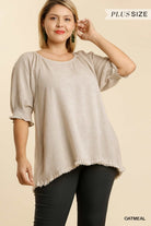 Umgee Linen Blend Balloon Sleeve Top Oatmeal Plus-Curvy/Plus Tops-Umgee-Deja Nu Boutique, Women's Fashion Boutique in Lampasas, Texas