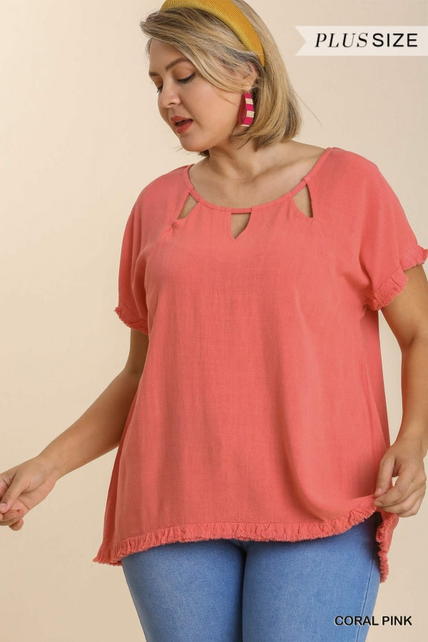 Umgee Linen Blend Cut Out Round Neckline Top In Coral Pink Plus-Curvy/Plus Tops-Umgee-Deja Nu Boutique, Women's Fashion Boutique in Lampasas, Texas