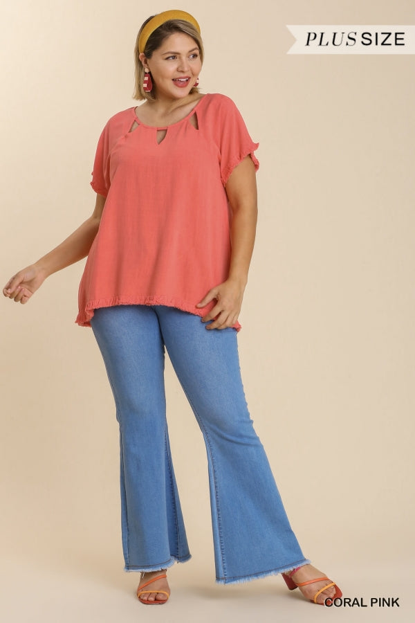 Umgee Linen Blend Cut Out Round Neckline Top In Coral Pink Plus-Curvy/Plus Tops-Umgee-Deja Nu Boutique, Women's Fashion Boutique in Lampasas, Texas