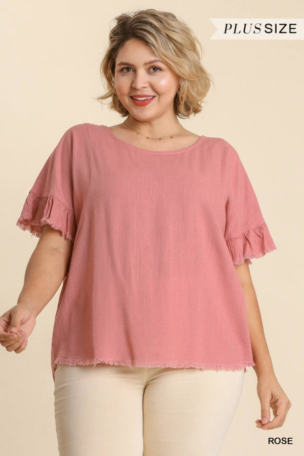 Umgee Linen Blend Round Neck Ruffle Sleeves Top In Rose Plus-Curvy/Plus Tops-Umgee-Deja Nu Boutique, Women's Fashion Boutique in Lampasas, Texas