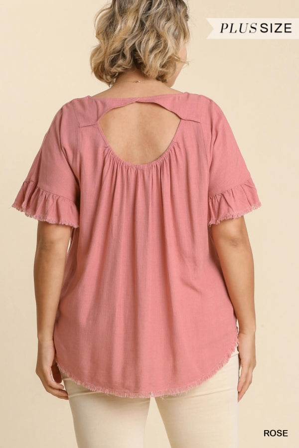 Umgee Linen Blend Round Neck Ruffle Sleeves Top In Rose Plus-Curvy/Plus Tops-Umgee-Deja Nu Boutique, Women's Fashion Boutique in Lampasas, Texas