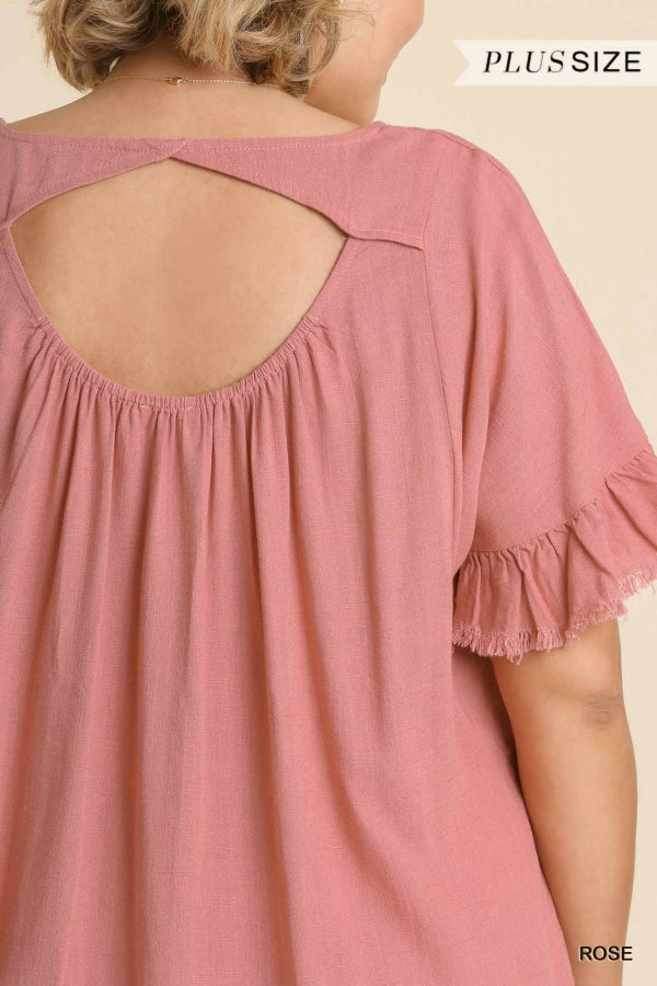 Umgee Linen Blend Round Neck Ruffle Sleeves Top In Rose Plus-Curvy/Plus Tops-Umgee-Deja Nu Boutique, Women's Fashion Boutique in Lampasas, Texas