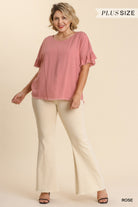 Umgee Linen Blend Round Neck Ruffle Sleeves Top In Rose Plus-Curvy/Plus Tops-Umgee-Deja Nu Boutique, Women's Fashion Boutique in Lampasas, Texas