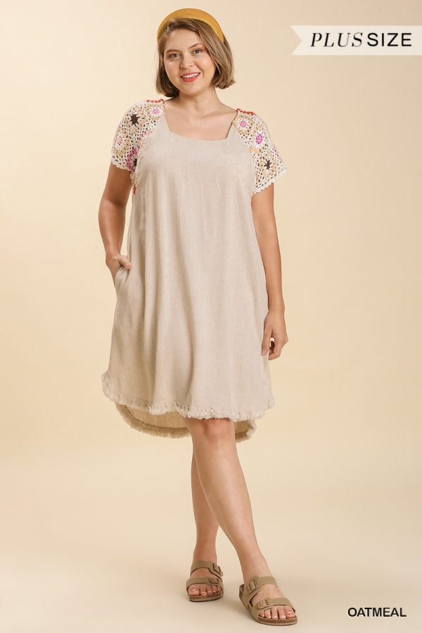 Umgee Linen Blend Short Crochet Sleeve Dress In Oatmeal Plus-Curvy/Plus Short Dresses-Umgee-Deja Nu Boutique, Women's Fashion Boutique in Lampasas, Texas