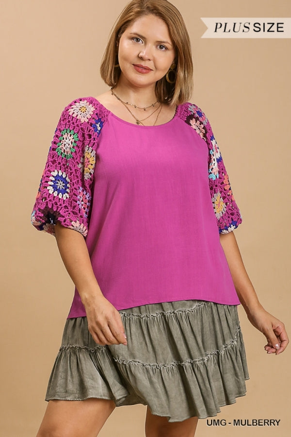 Umgee Linen Blend Three Fourth Crochet Sleeve In Mulberry Plus-Curvy/Plus Tops-Umgee-Deja Nu Boutique, Women's Fashion Boutique in Lampasas, Texas