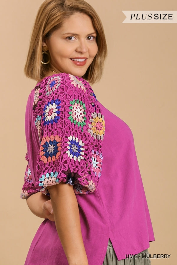 Umgee Linen Blend Three Fourth Crochet Sleeve In Mulberry Plus-Curvy/Plus Tops-Umgee-Deja Nu Boutique, Women's Fashion Boutique in Lampasas, Texas