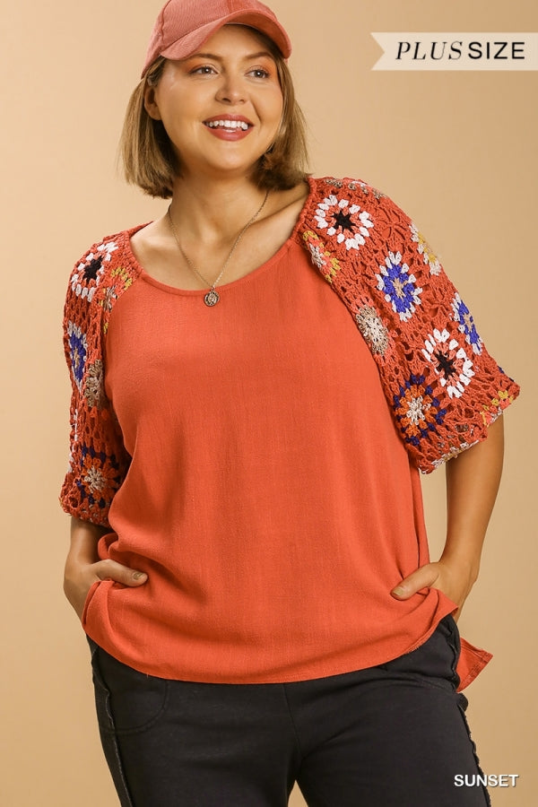 Umgee Linen Blend Three Fourth Crochet Sleeve In Sunset Plus-Curvy/Plus Tops-Umgee-Deja Nu Boutique, Women's Fashion Boutique in Lampasas, Texas